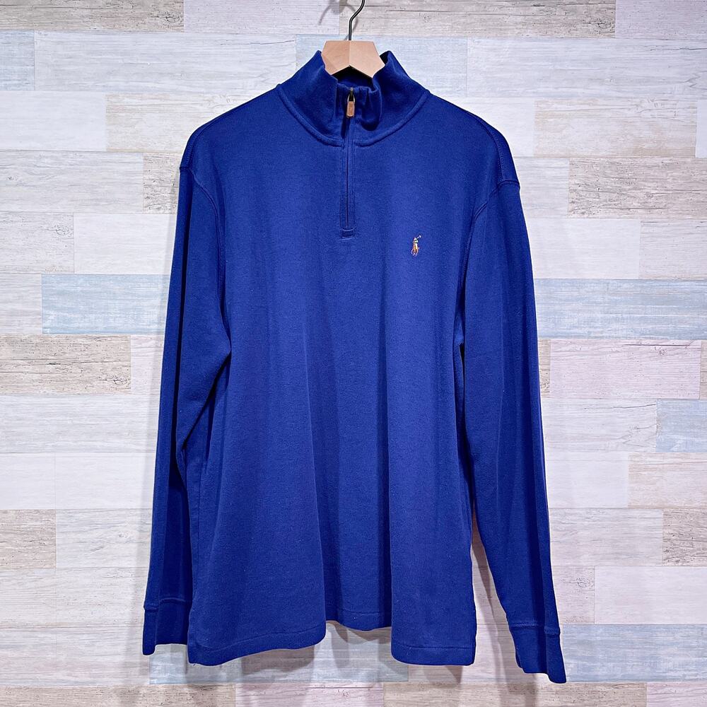 POLO Ralph Lauren Estate Rib 1/4 Zip Sweater Blue Cotton Jersey Mens Large